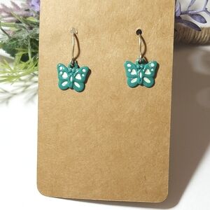 Vintage Metal Teal Butterfly Dangle Earrings Thin Lught Weight Earrings